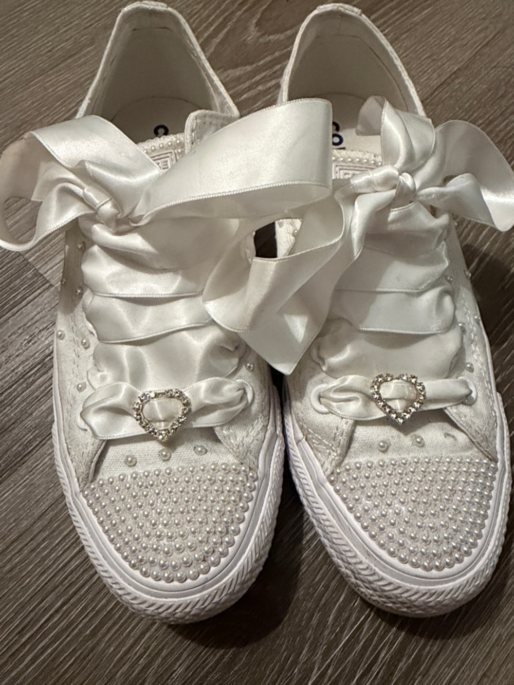 White Pearl-Embellished Satin Lace-Up  converse